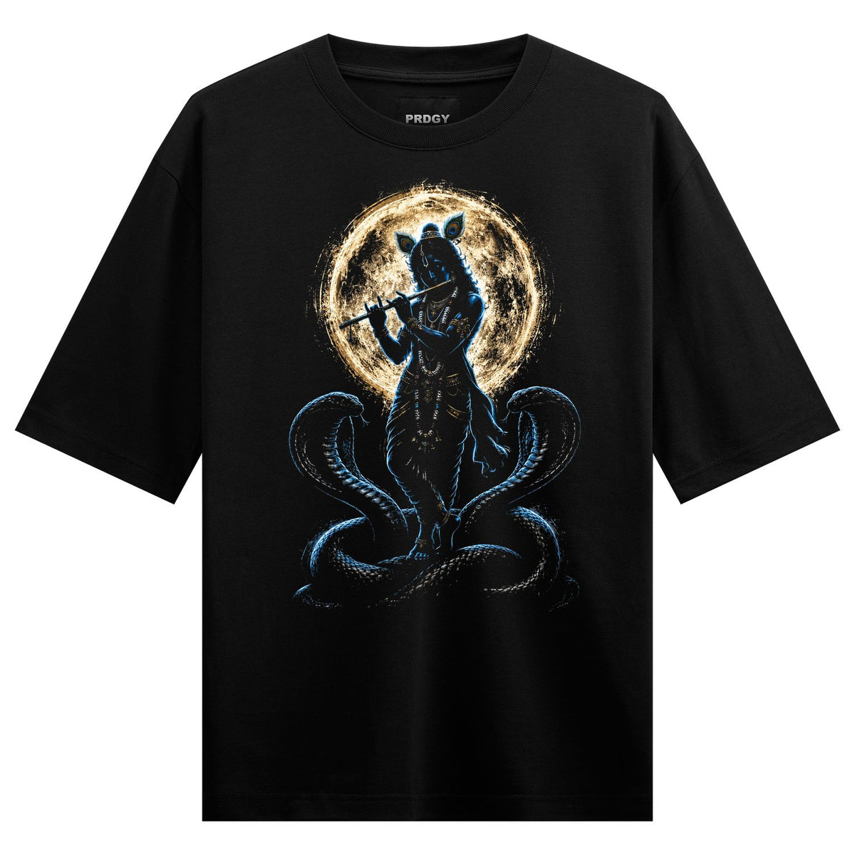 A dark blue silhouette of Krishna playing a flute stands coiled by serpents against a glowing golden moon on PRDGY oversiz...