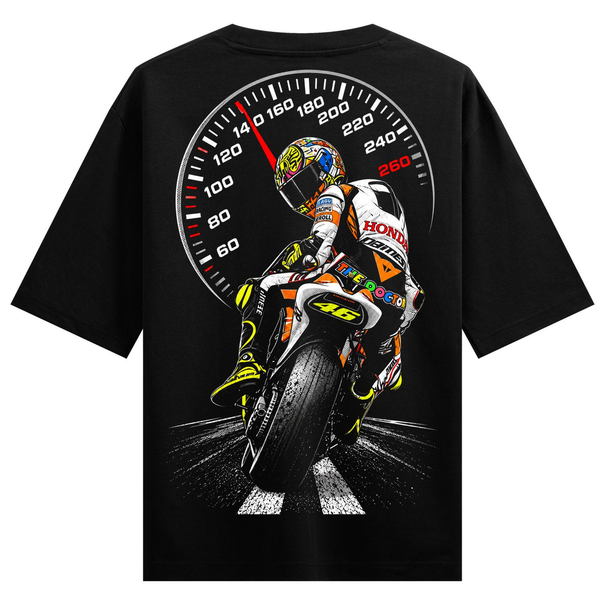 Speed Demon Oversized T-Shirt — a motorcycle racer in a colorful suit is depicted with a speedometer in the background