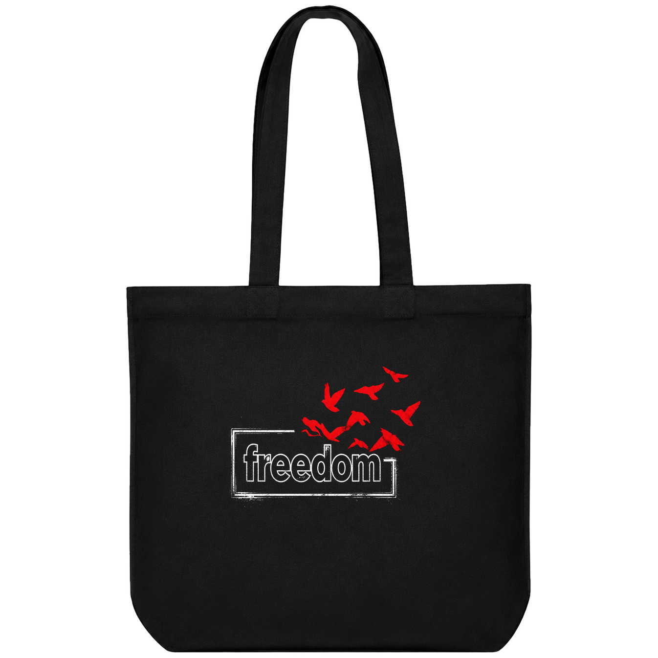 A black t-shirt features a white outlined box with the word freedom inside and a cluster of red birds flying upwards from...