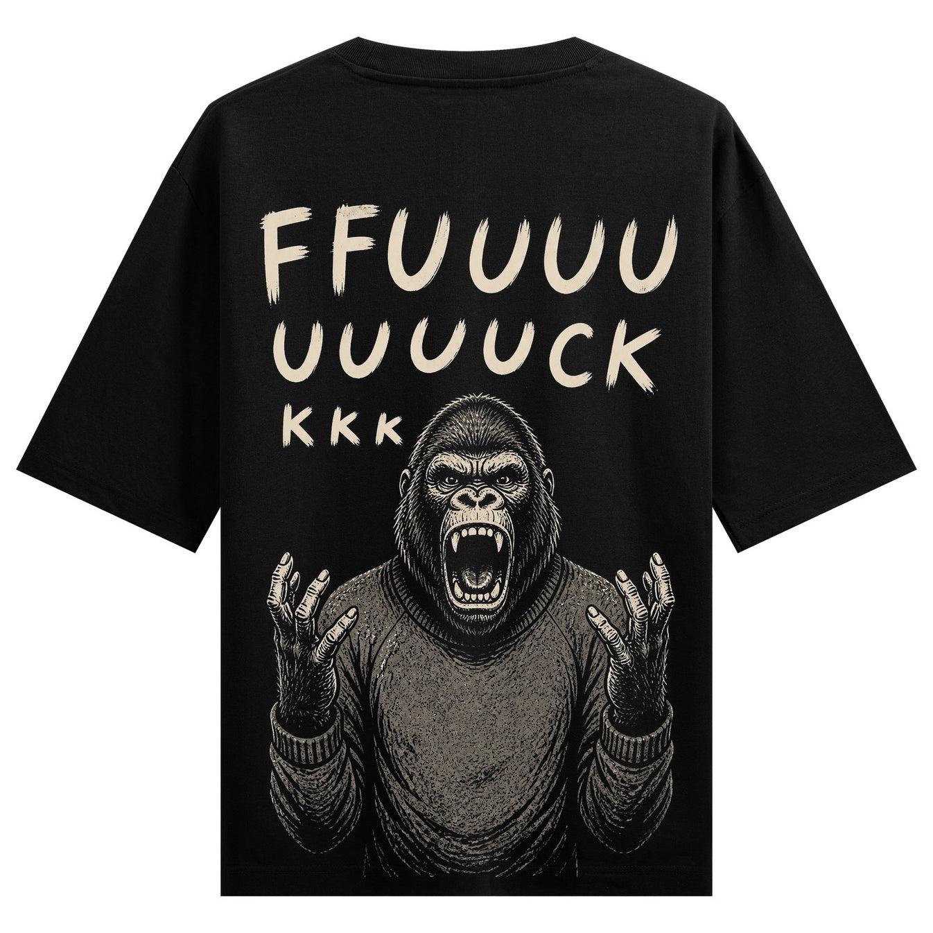A distressed black t-shirt featuring a screaming gorilla in a sweater with raised hands and text above on PRDGY oversized...