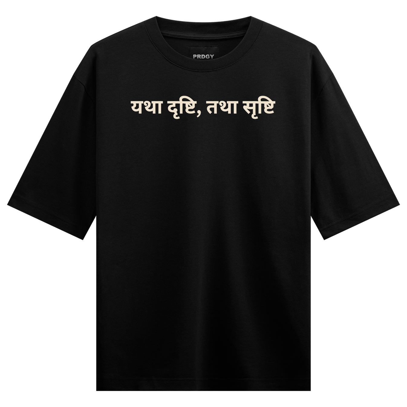 A black t-shirt with cream-colored Devanagari script text and a small brand logo at the neckline on PRDGY oversized t-shirt