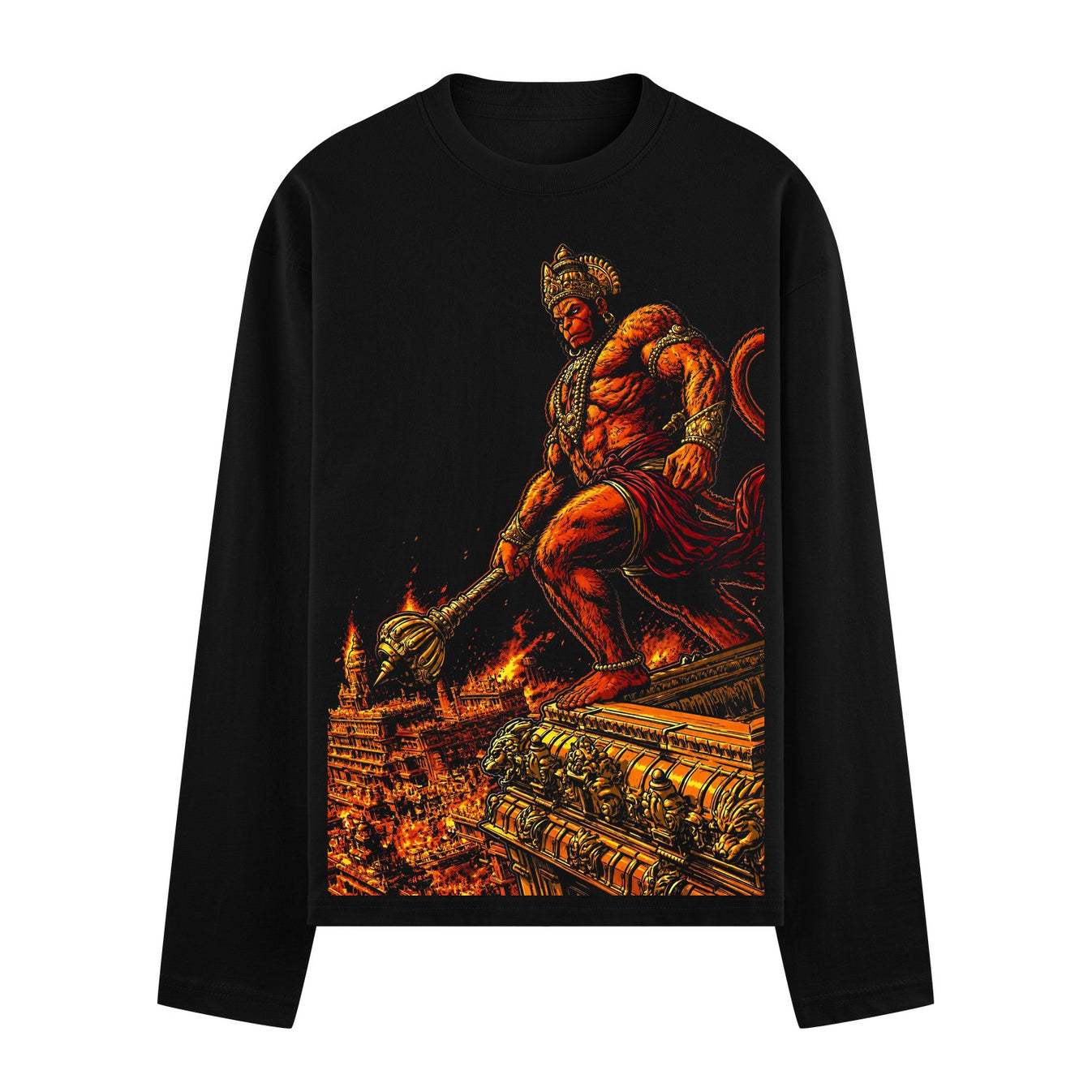 A muscular red-skinned deity with a crown and mace stands on golden architecture engulfed in flames and smoke on PRDGY ove...