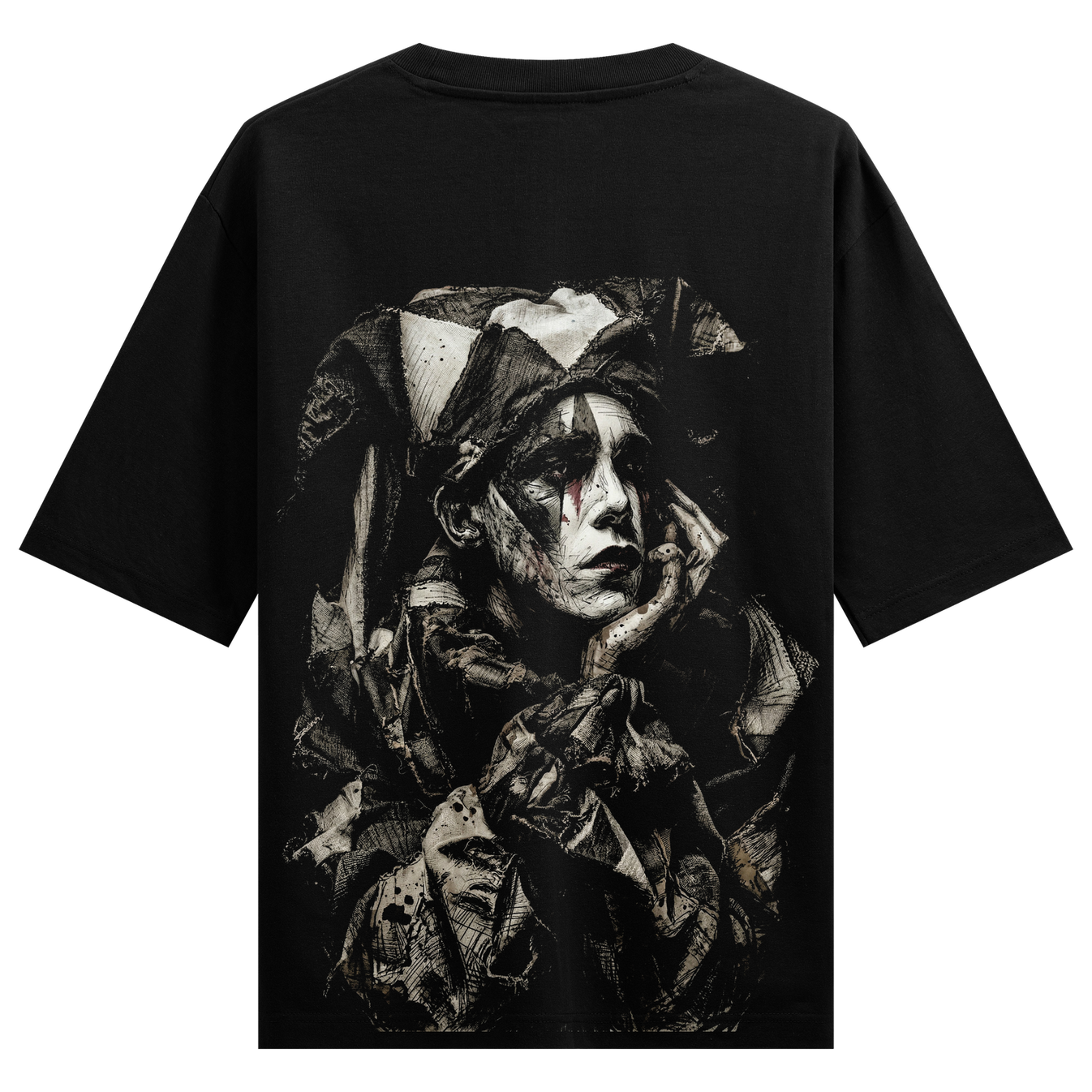 Ethereal Sorrow Oversized T-Shirt by PRDGY — haunting artistic portrait with intricate etching-style graphics, dark