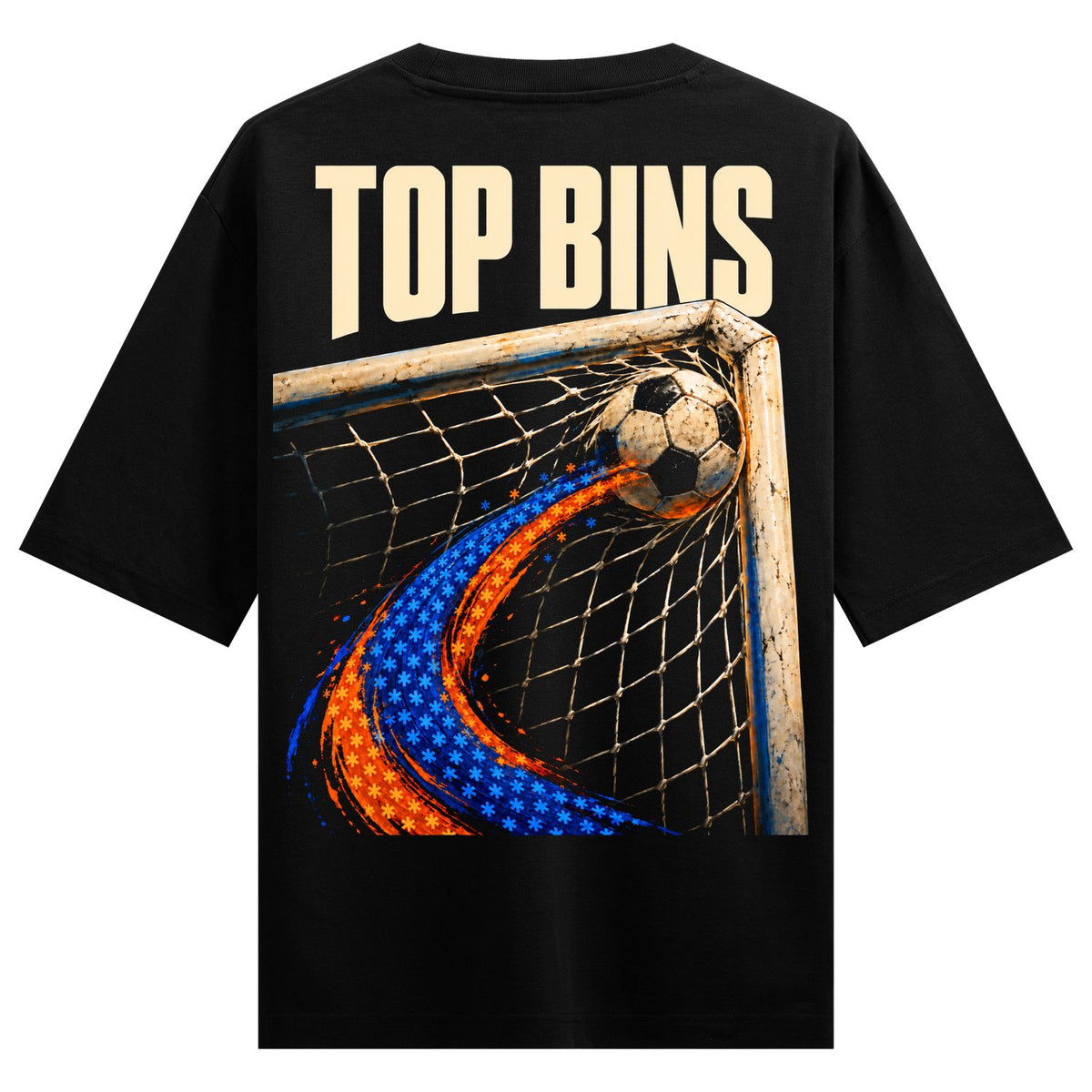 Top Bins Goal Oversized T-Shirt — Black t-shirt with cream text 'TOP BINS' above a soccer ball in goal net with blue star