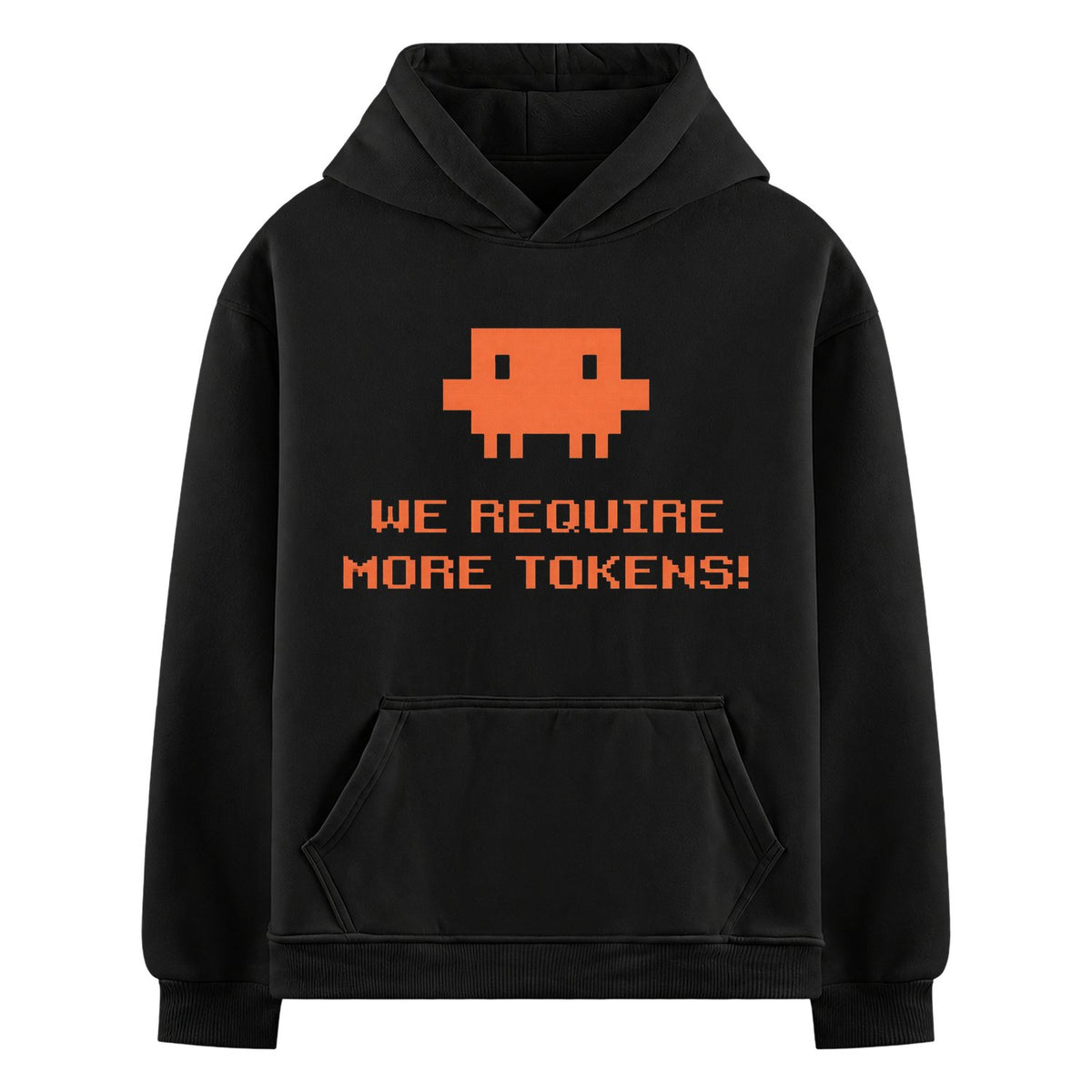 Token Invaders Oversized Hoodie — an orange pixelated alien figure with blocky text below front