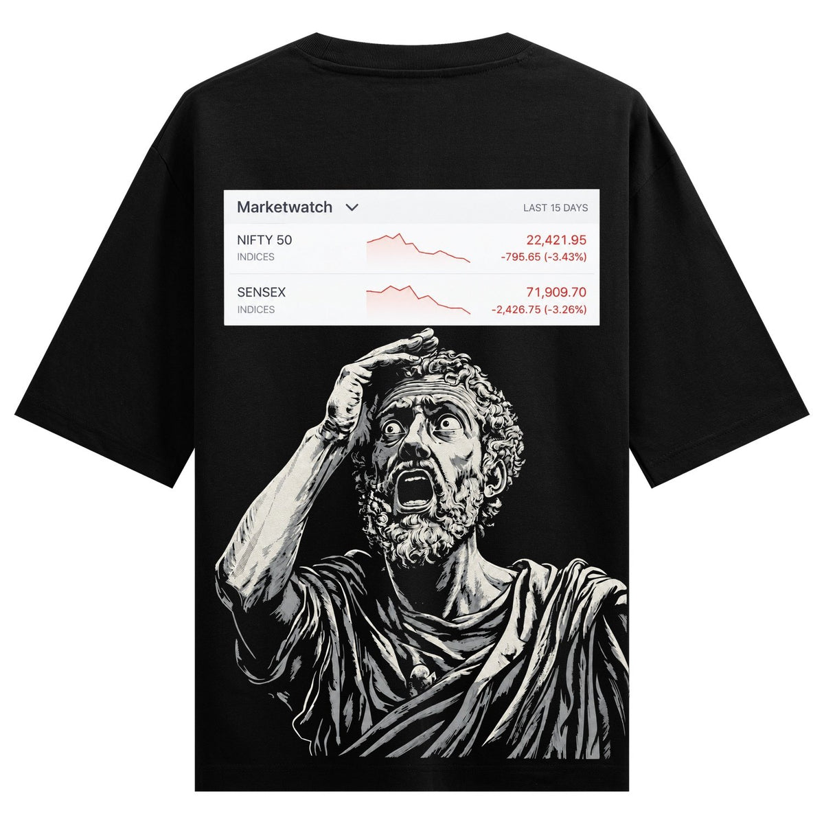Market Panic Oversized T-Shirt — a shocked bearded figure in a toga, with a stock market graph displayed above them in white