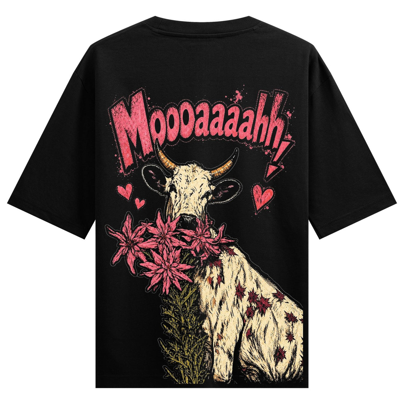 A black t-shirt with a graphic of a cow holding pink flowers in its mouth surrounded by pink hearts and bold pink text on...