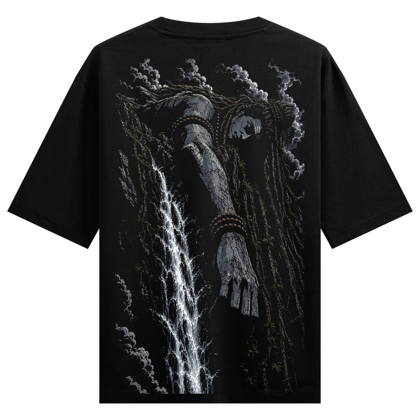 A detailed black t-shirt features a large back print of a grey stone statue of a deity with long hair bound by ropes next...