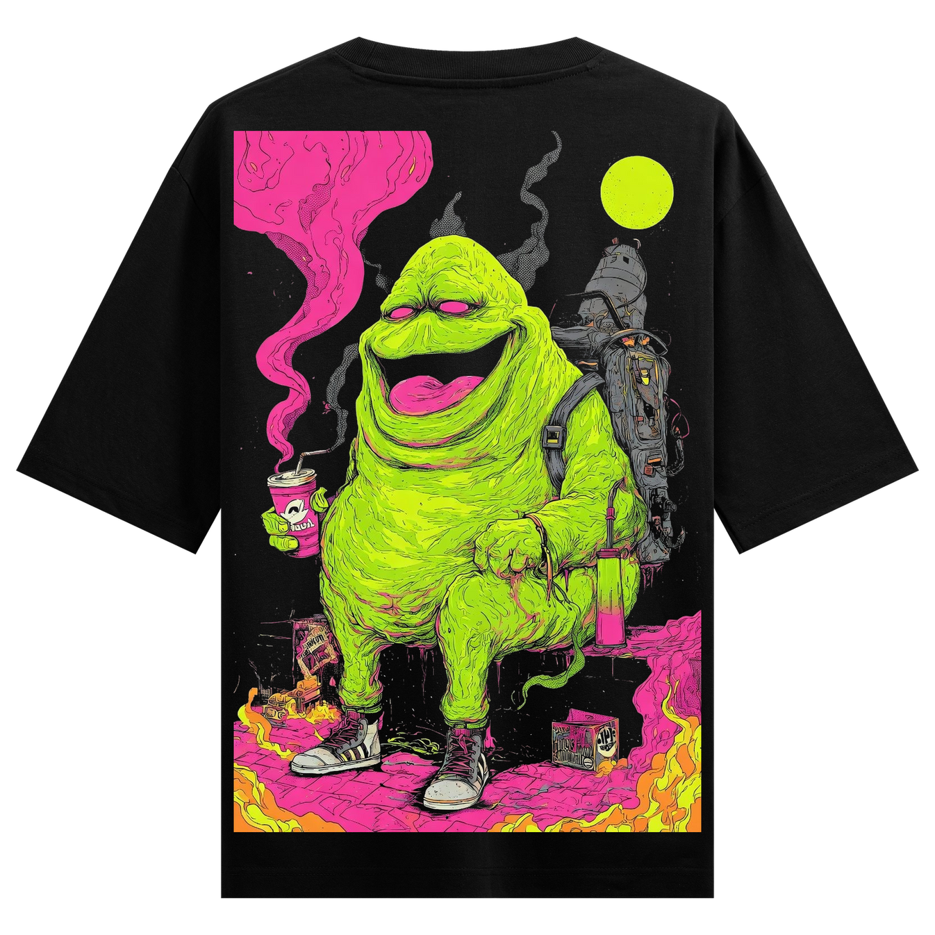 Neon Slime Lord Oversized T-Shirt by PRDGY — vibrant lime-green creature in a neon landscape, streetwear design