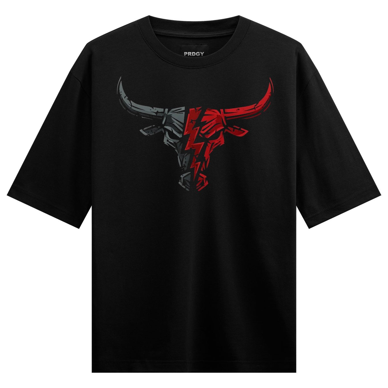 A black t-shirt features a graphic bull head split down the middle with one side in grey and the other in red overlaid wit...