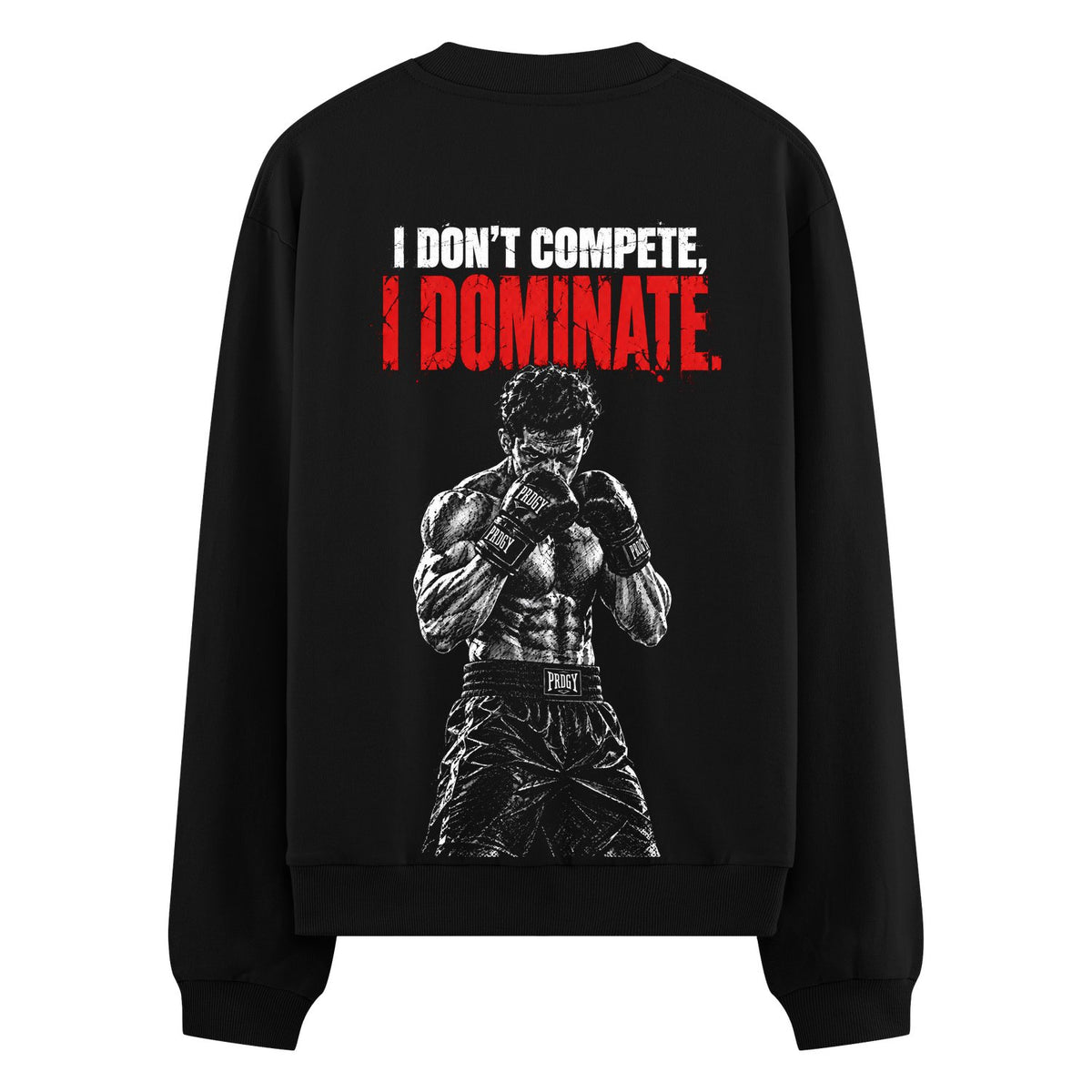 Sucker Punch Oversized Sweatshirt — a black and white illustration of a muscular boxer wearing gloves, with bold red text