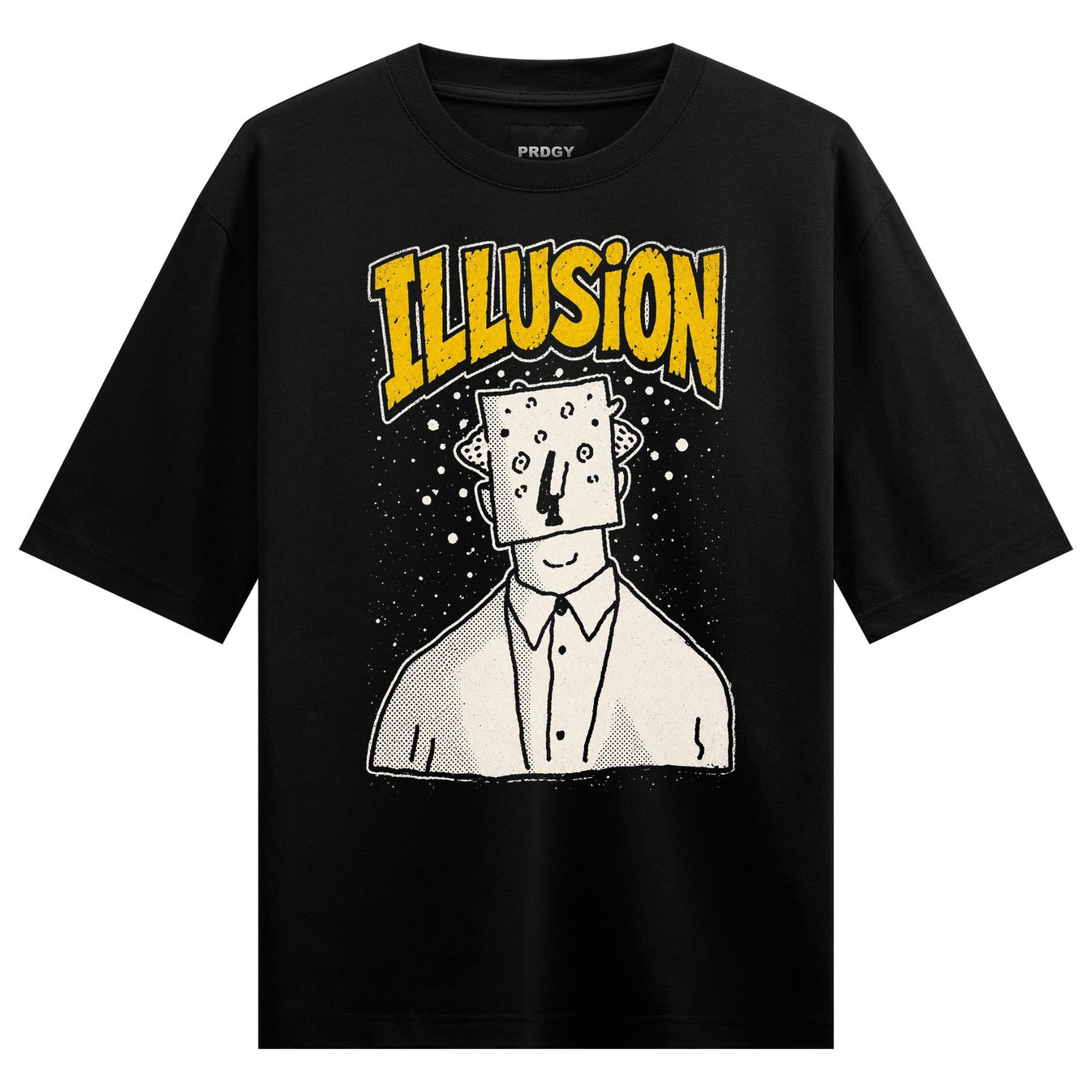 A black t-shirt features a graphic of a person with a square head covered in dots wearing a white collared shirt with yell...