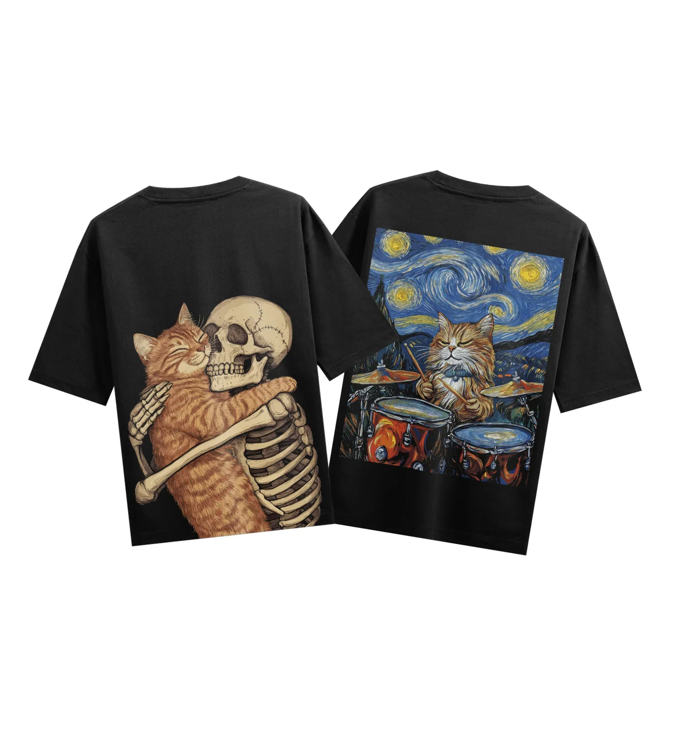 Cat Skull Hug artwork on PRDGY oversized t-shirt