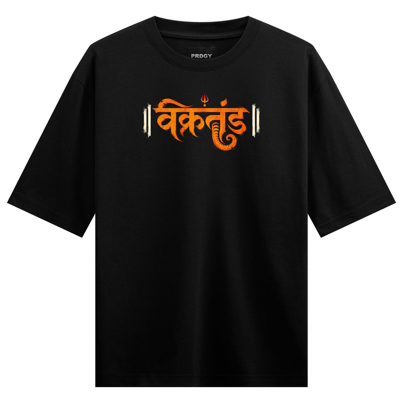 A black t-shirt features orange Indian script with a trident symbol above it resembling an elephant s trunk on PRDGY overs...