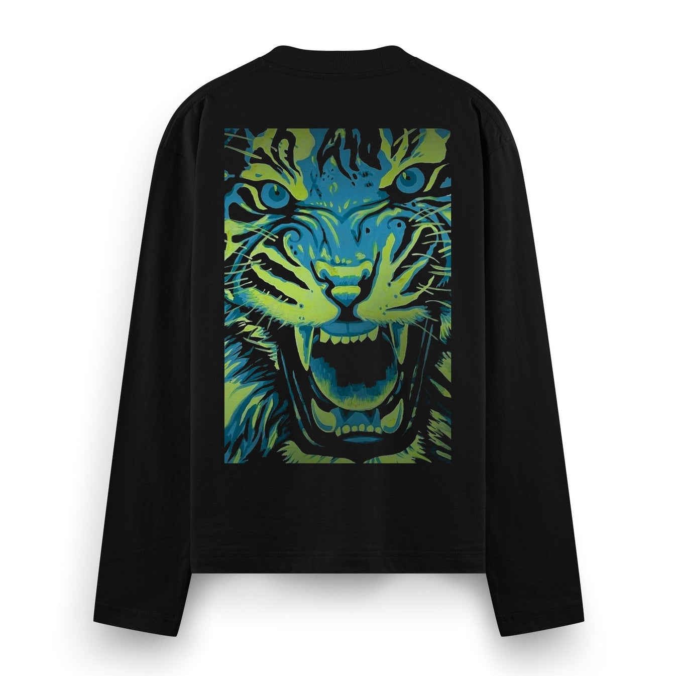 A close-up graphic illustration of a tiger s face with its mouth open revealing sharp teeth rendered in striking blue and...