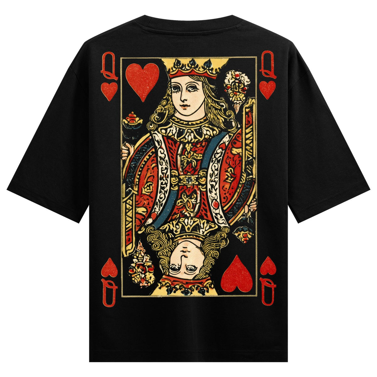 A black t-shirt featuring a vintage Queen of Hearts playing card design on the back with ornate details a regal queen and...