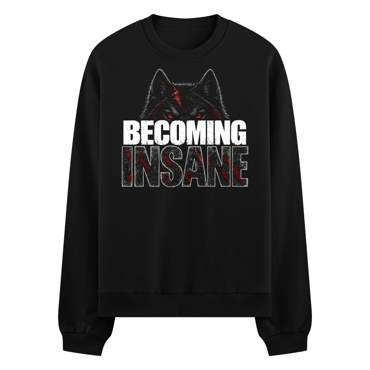 Wolf Madness Oversized Sweatshirt — Black wolf head with red glowing eyes and red blood streaks above distressed white