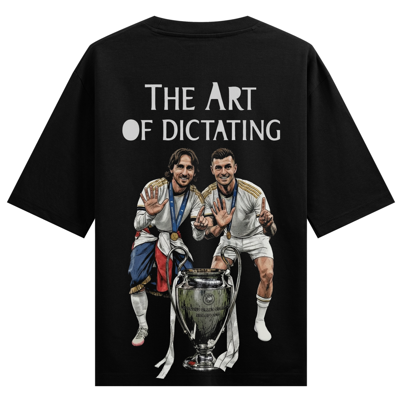 Dictating Duo Oversized T-Shirt by PRDGY — illustration of two soccer players celebrating victory, football design