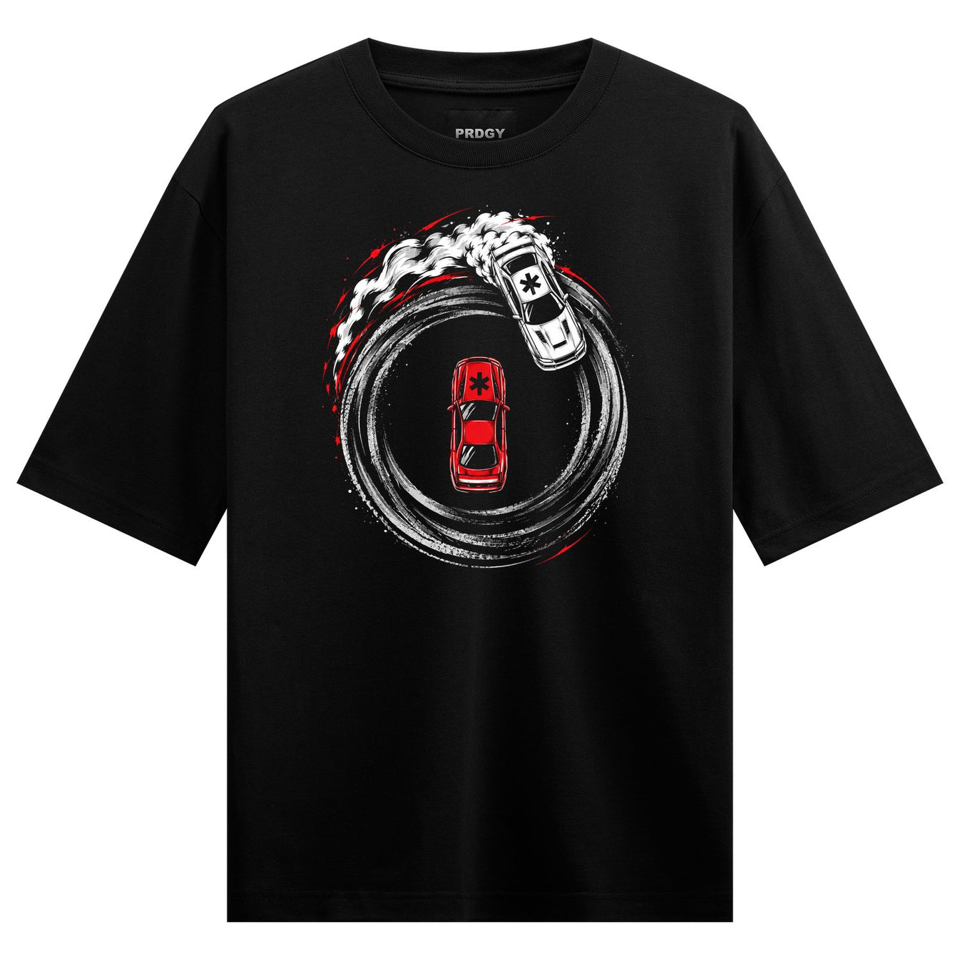 A black t-shirt features a graphic of a white car and a red car in a circular drift pattern with white smoke and red tire...