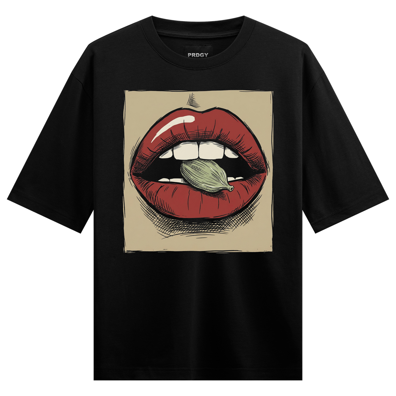 Lip Service Oversized T-Shirt by PRDGY — bold red lips graphic in pop art style, pop art design