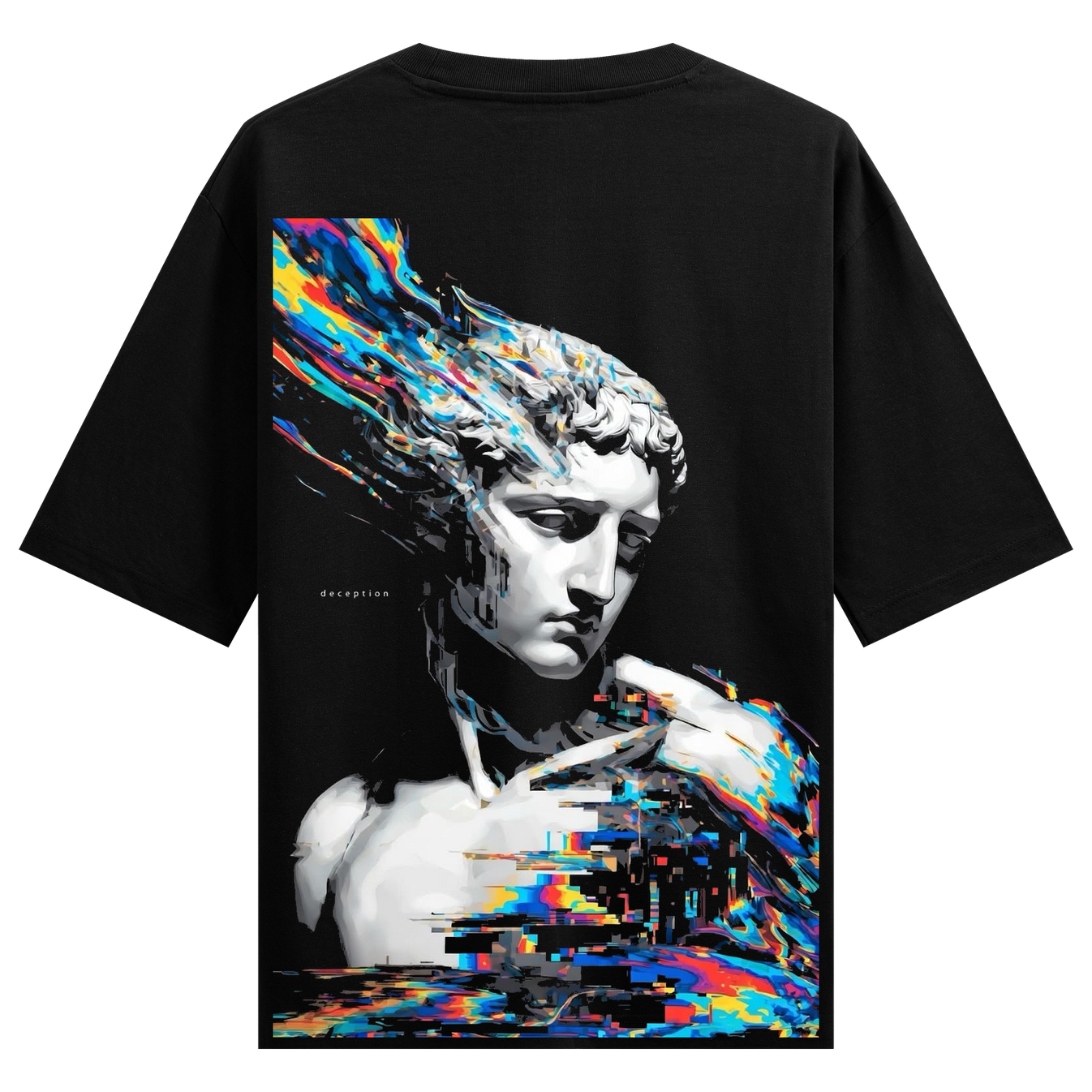 Deception Oversized T-Shirt by PRDGY — colorful glitch effect on a Greek statue, streetwear design