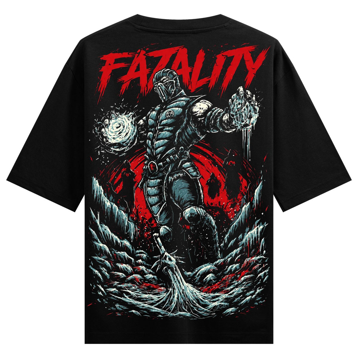 Sub-Zero's Fury Oversized T-Shirt — a masked warrior in blue armor stands on icy terrain, generating an ice blast in one