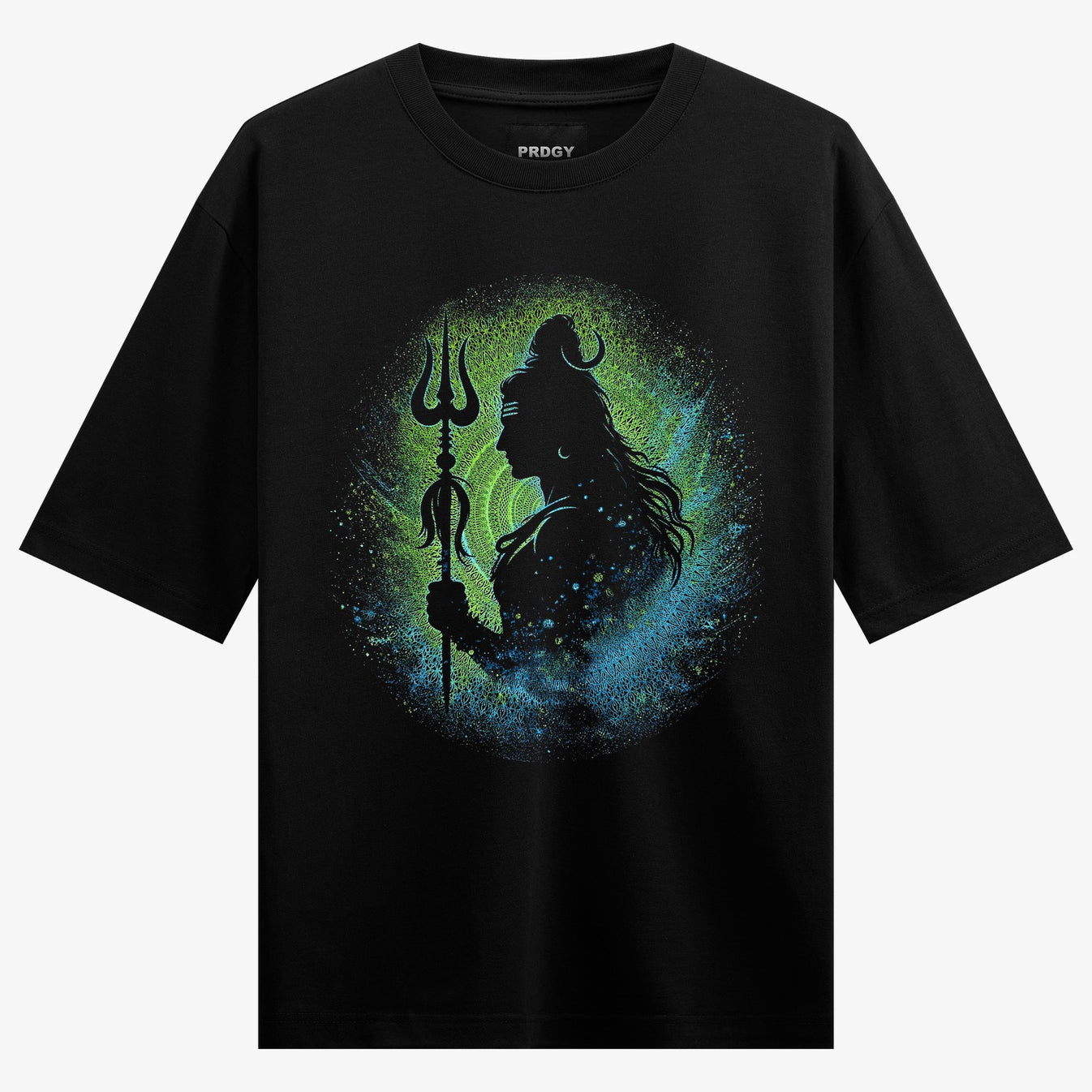 Cosmic Shiva Oversized T-Shirt by PRDGY — Mystical Lord Shiva silhouette with cosmic elements and trident, mahadev design.