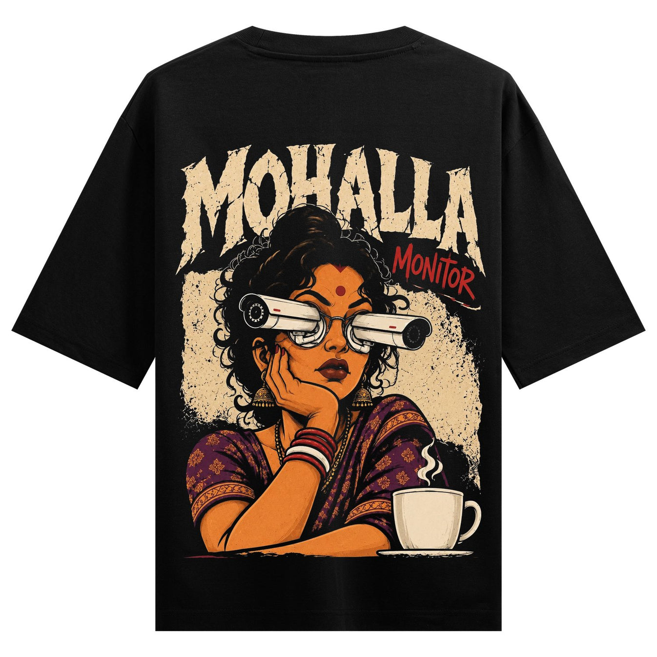 A woman in a sari wears security cameras as glasses with a coffee cup nearby set against a textured background with bold t...