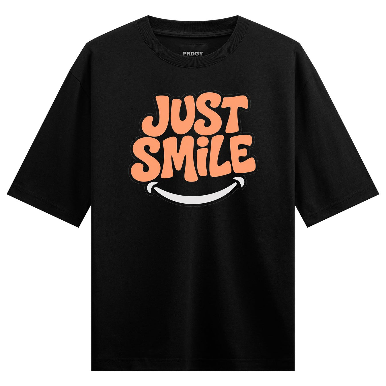 Just Smile Typography artwork on PRDGY oversized t-shirt