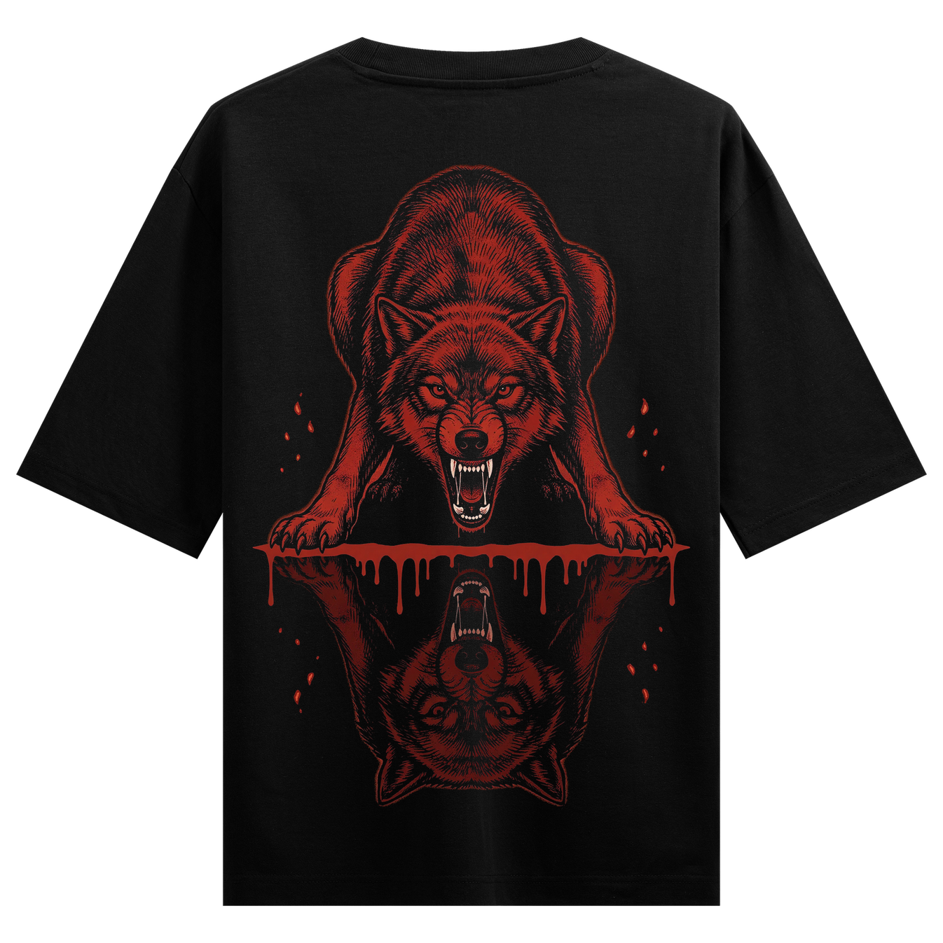 Dual Wolf Oversized T-Shirt by PRDGY — bold red dual wolf graphic on black, streetwear design