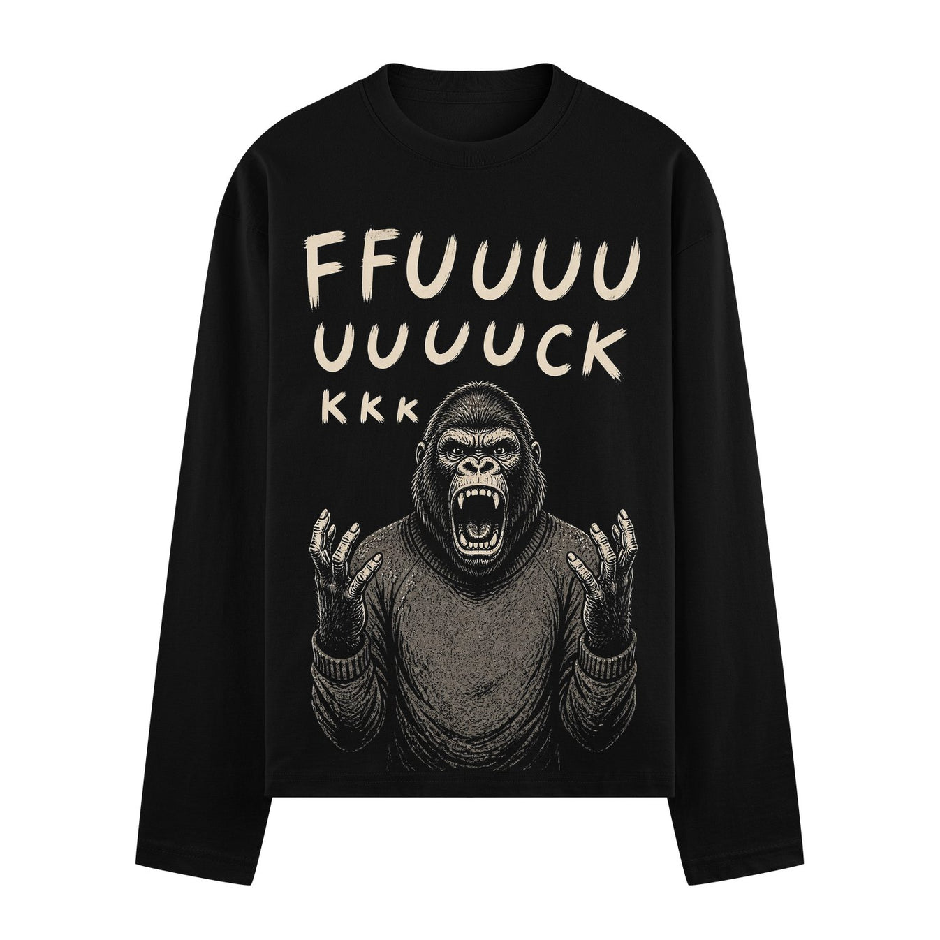 A distressed black t-shirt featuring a screaming gorilla in a sweater with raised hands and text above on PRDGY oversized...