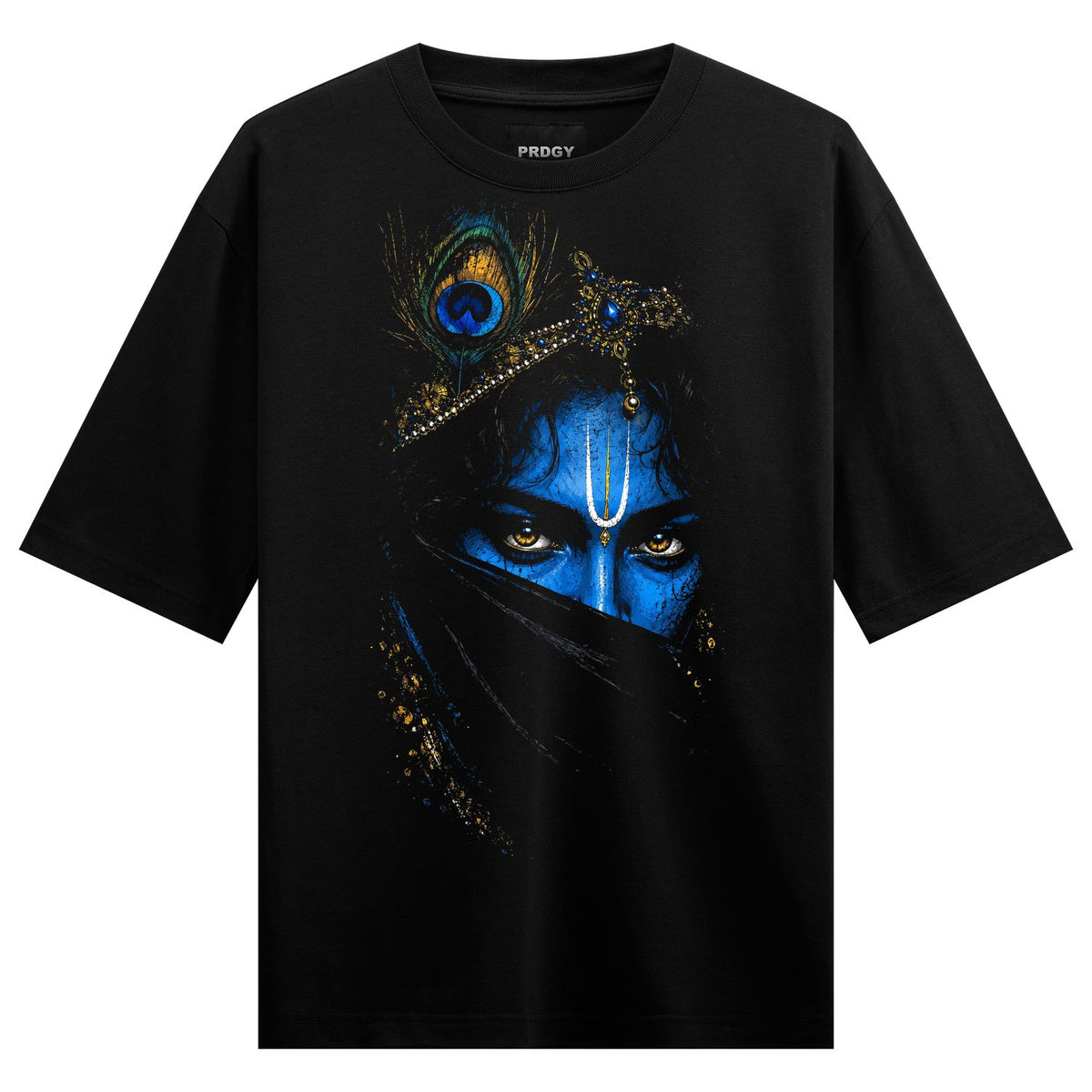 A close-up of a blue face with intense golden eyes partially covered by black fabric and adorned with a peacock feather an...