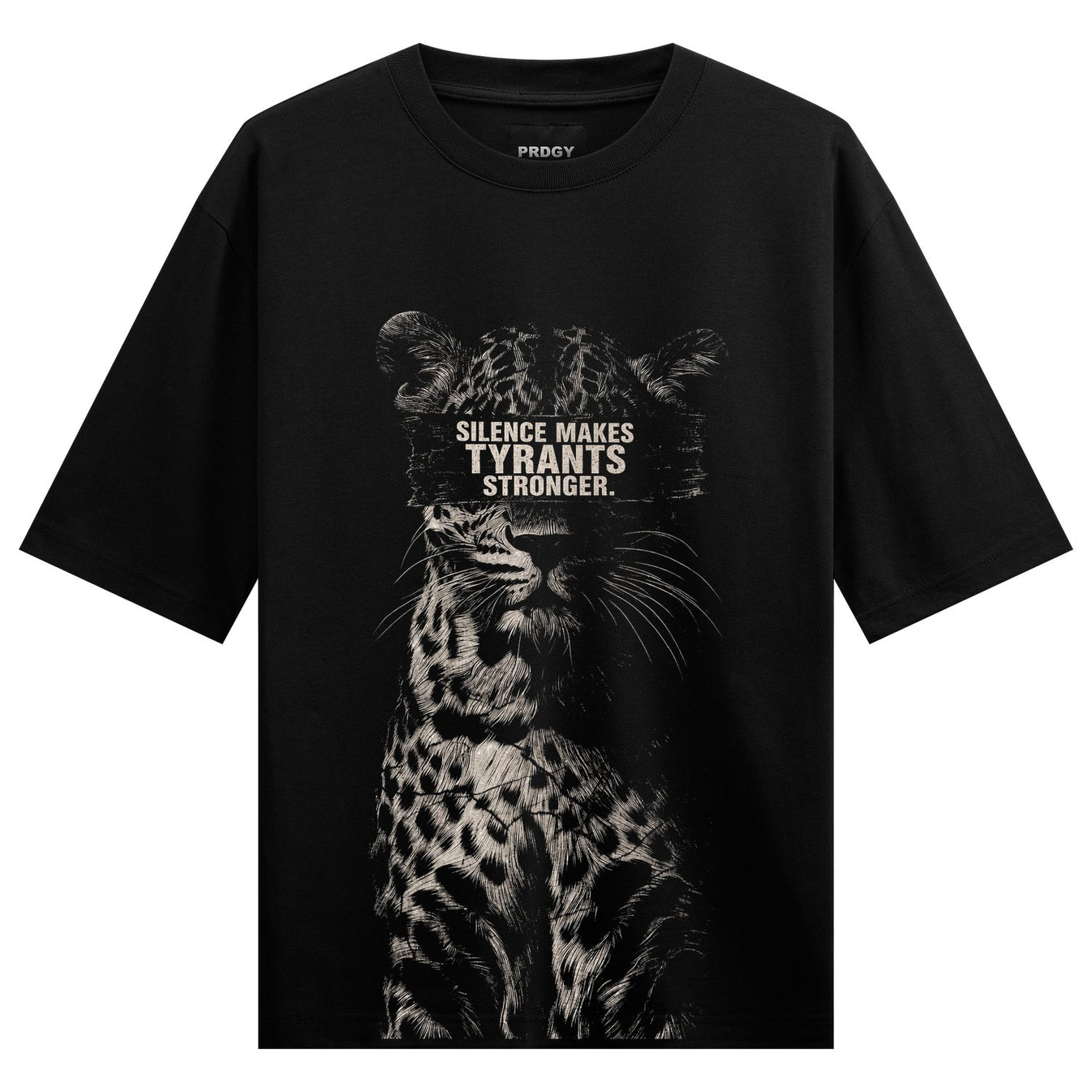 A black and white illustration of a leopard with its eyes covered by a textured band featuring text on PRDGY oversized t-s...