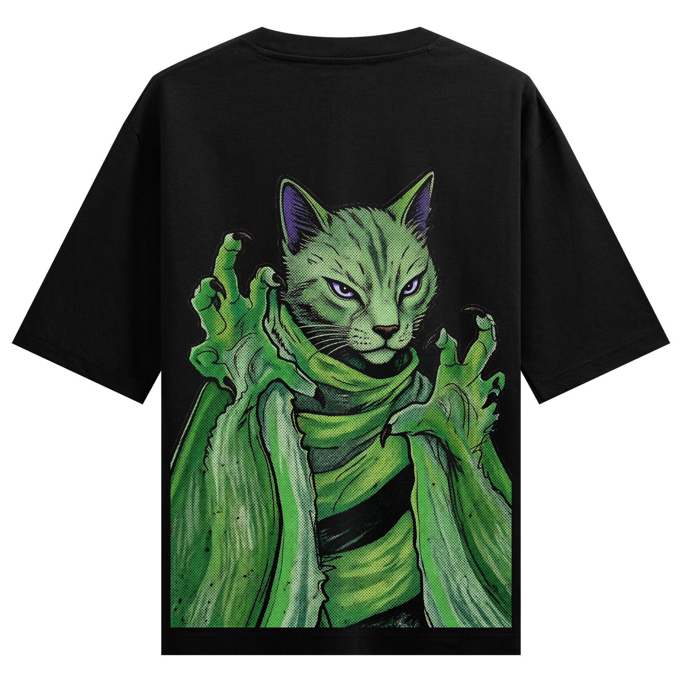 Jangli Billi Oversized T-Shirt by PRDGY — a green cat with purple eyes and sharp claws on a black background, animal print