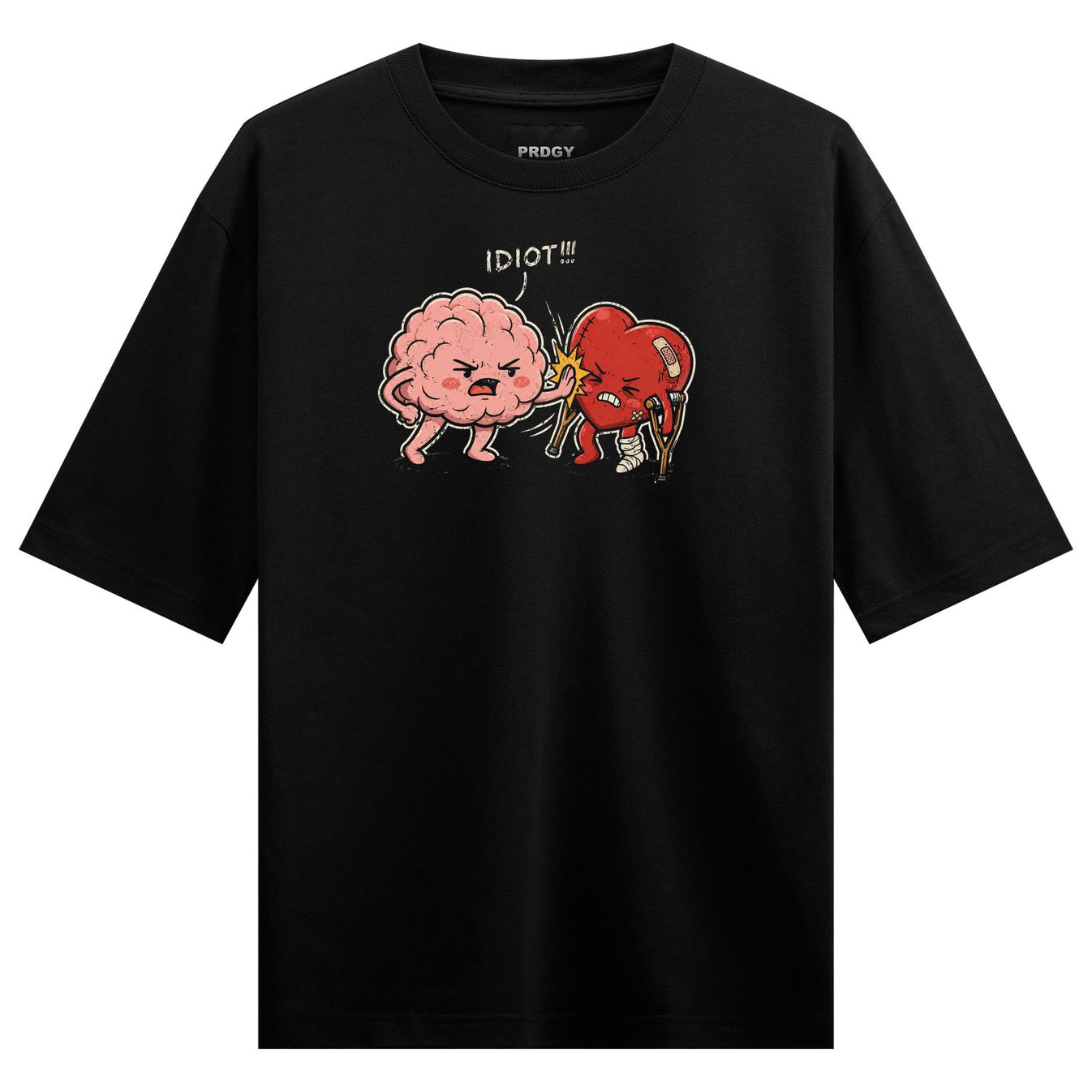 Brain vs Heart T-Shirt by PRDGY — cartoon brain punching a bandaged heart, humour design