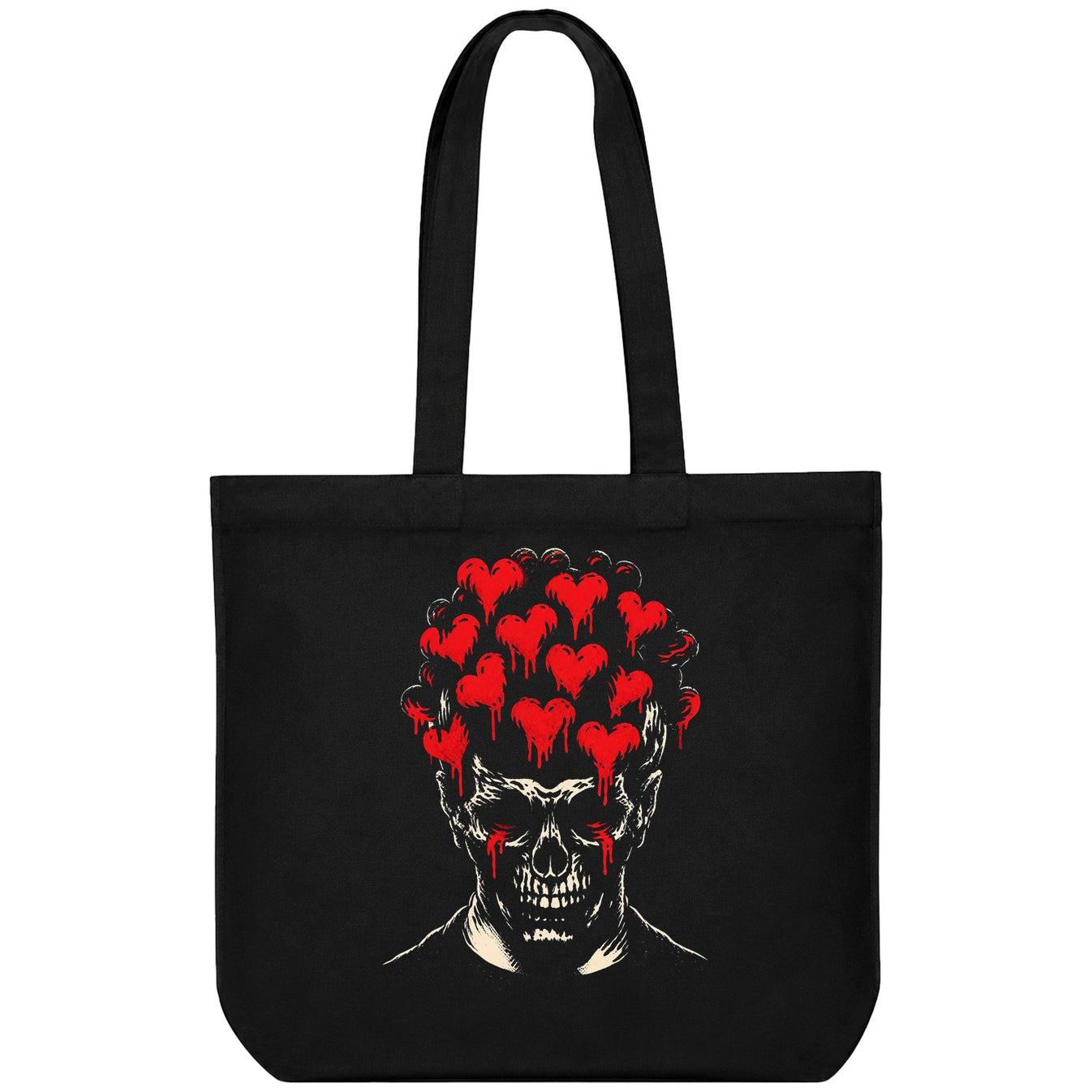 A black t-shirt featuring a detailed skull with red eyes and a cluster of dripping red hearts forming a crown on its head...
