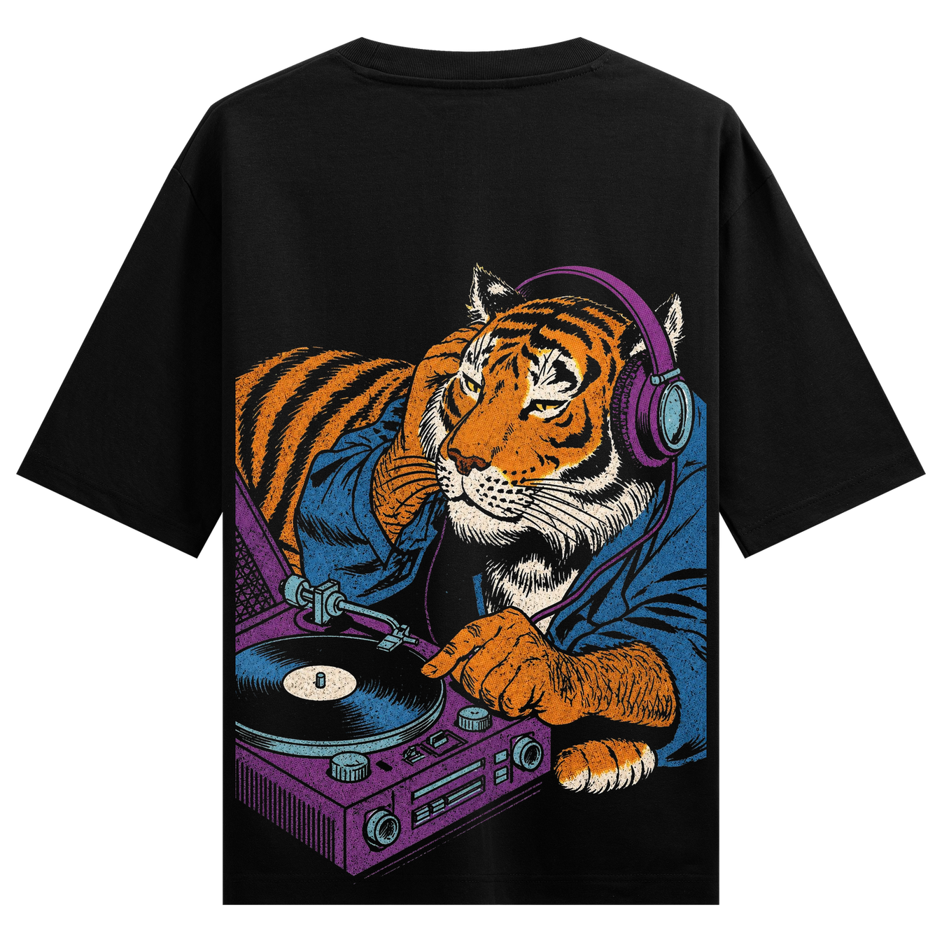 DJ Tiger T-Shirt by PRDGY — a cool tiger wearing headphones and mixing music, animal print design.