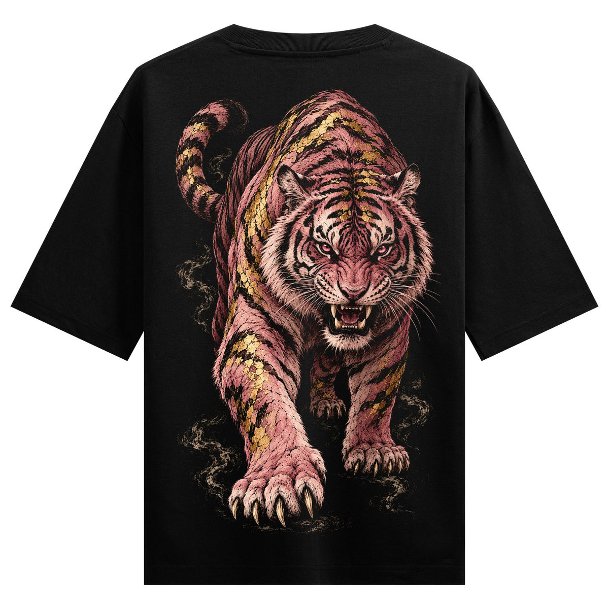 Fierce Stripes Oversized T-Shirt — a snarling tiger with pink fur and gold stripes, surrounded by wisps of smoke