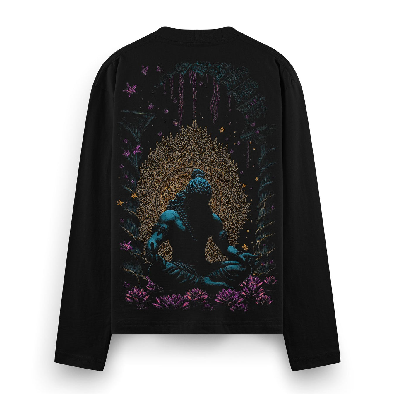 Meditative Back Full Sleeve T-Shirt by PRDGY — intricate mandala with meditating Shiva, spiritual design