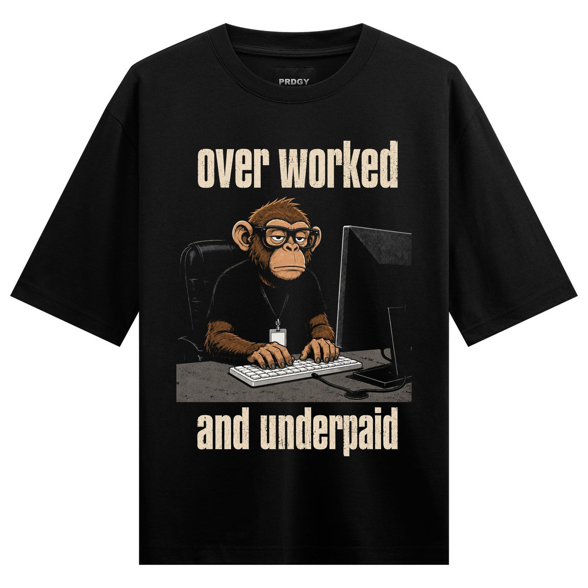 A cartoon chimpanzee with glasses sits at a desk typing on a keyboard in front of a computer monitor with text above and b...