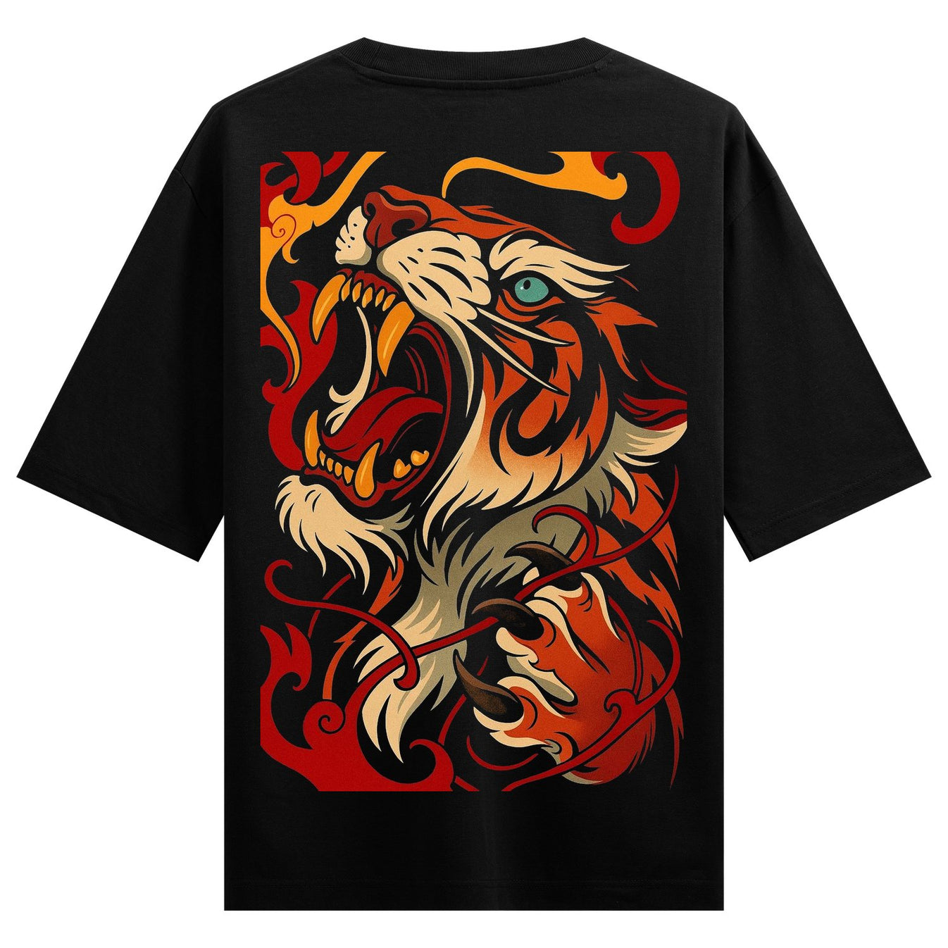 A detailed illustration of a tiger s head with mouth open sharp teeth blue eyes surrounded by stylized red and orange flam...