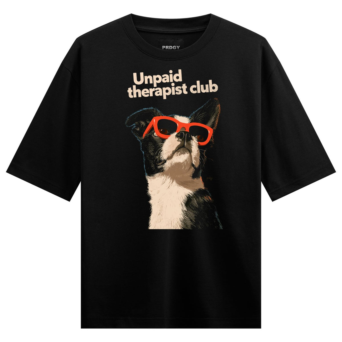 Therapist Dog Oversized T-Shirt — Black and white dog illustration wearing red glasses with white text reading 'Unpaid