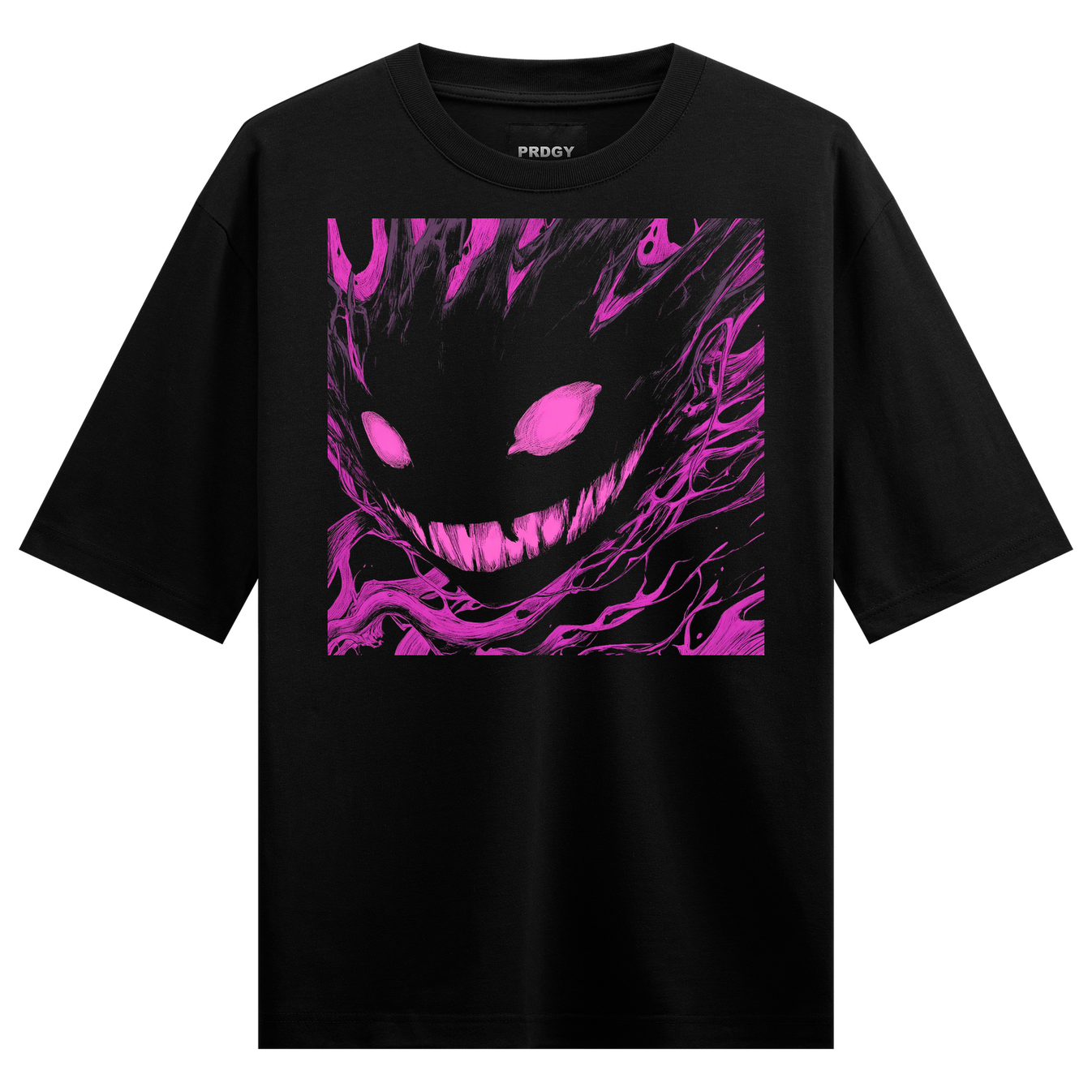 Neon Grin Oversized T-Shirt by PRDGY — sinister glowing face with vibrant magenta eyes, dark art design