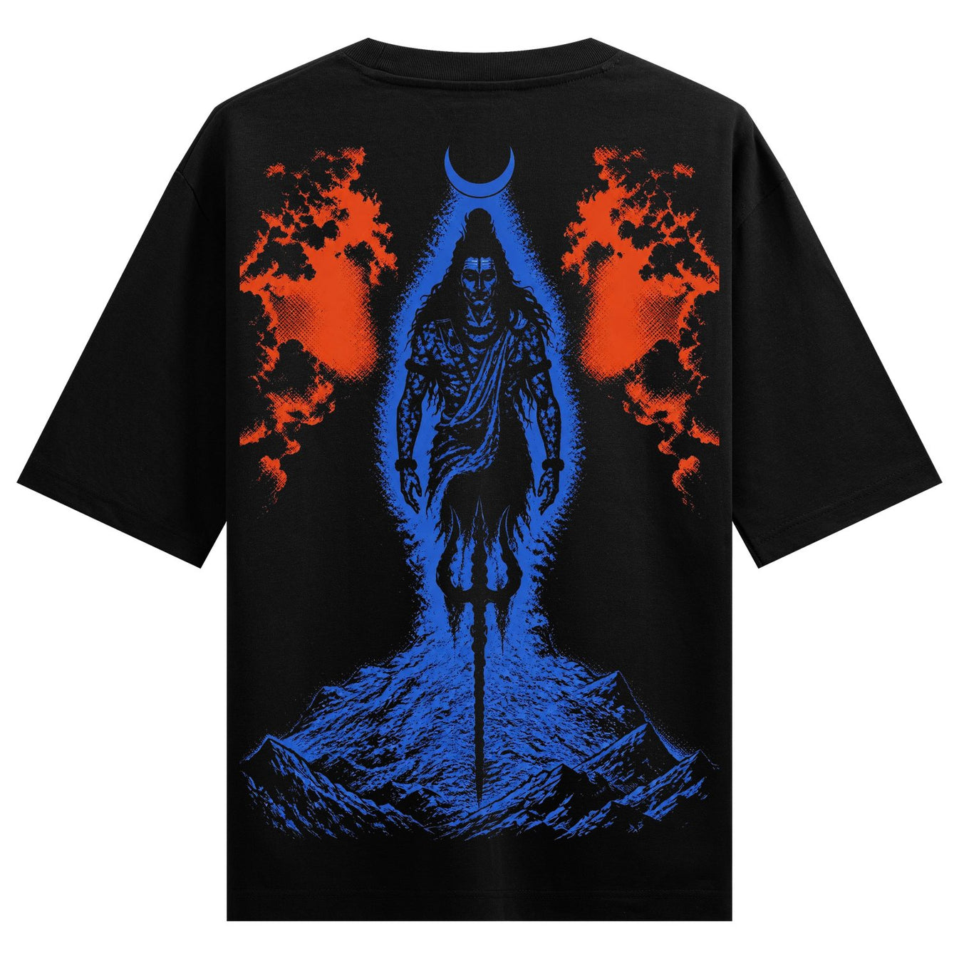 A dark t-shirt features a blue and orange graphic of Lord Shiva standing tall with a trident surrounded by flames and a cr...