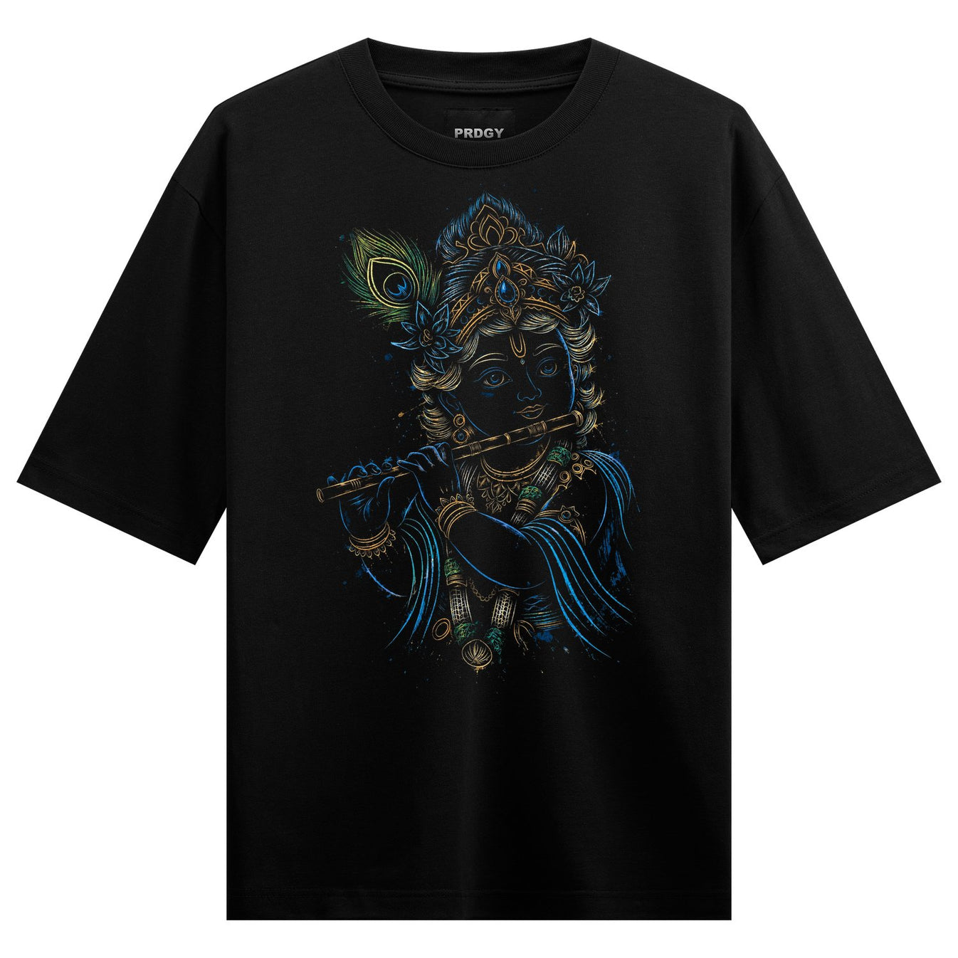 A black t-shirt features a detailed illustration of Lord Krishna playing a flute adorned with a crown and peacock feather...