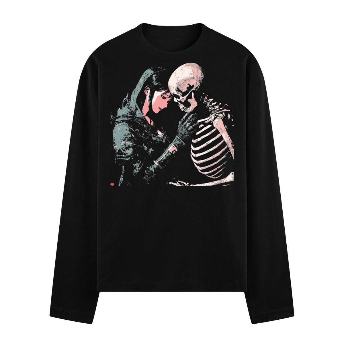 A hooded figure caresses a skeleton s face featuring pink accents against a black background on PRDGY oversized t-shirt