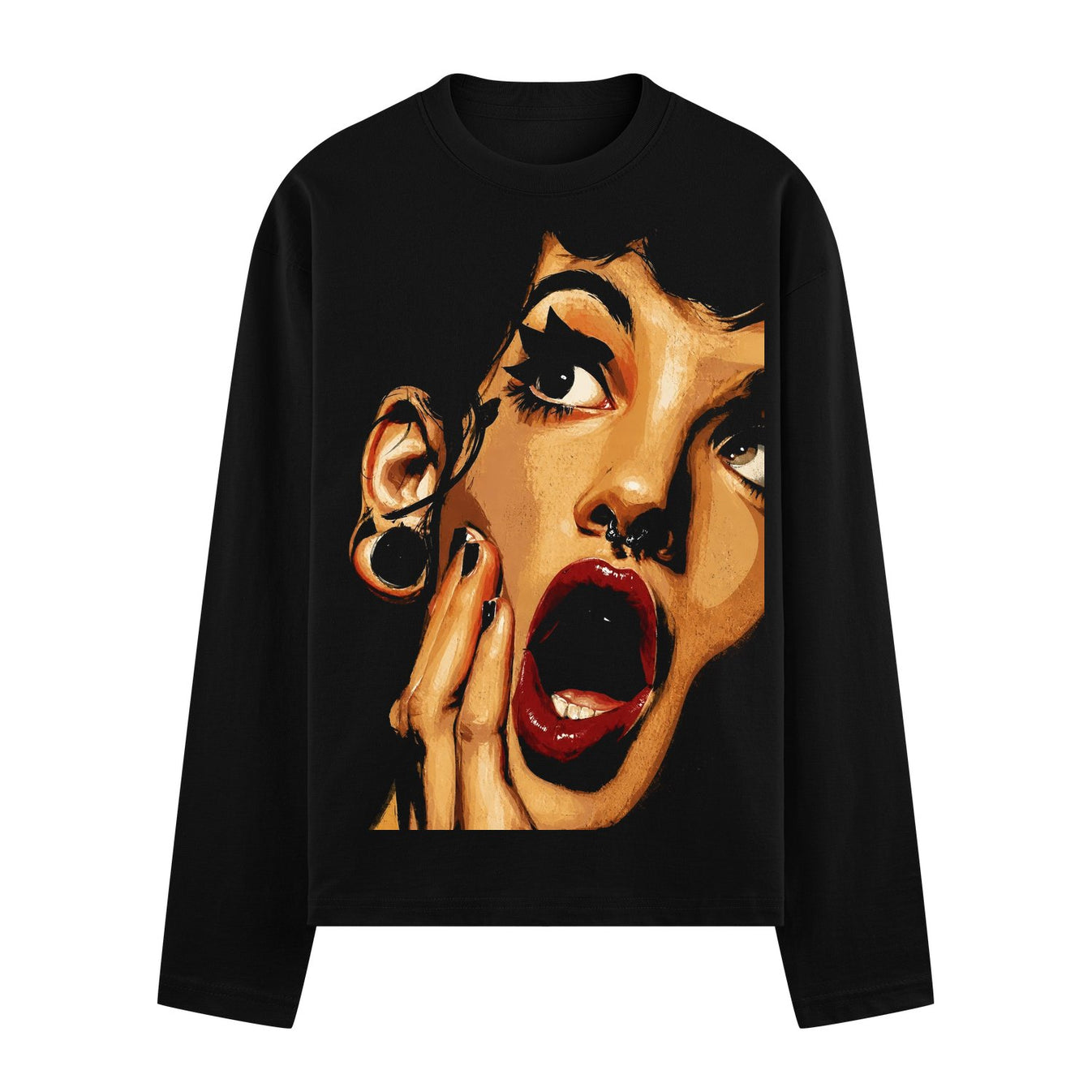 A close-up back print on a black t-shirt features a woman s face with a wide open mouth large eyes red lips a nose ring an...