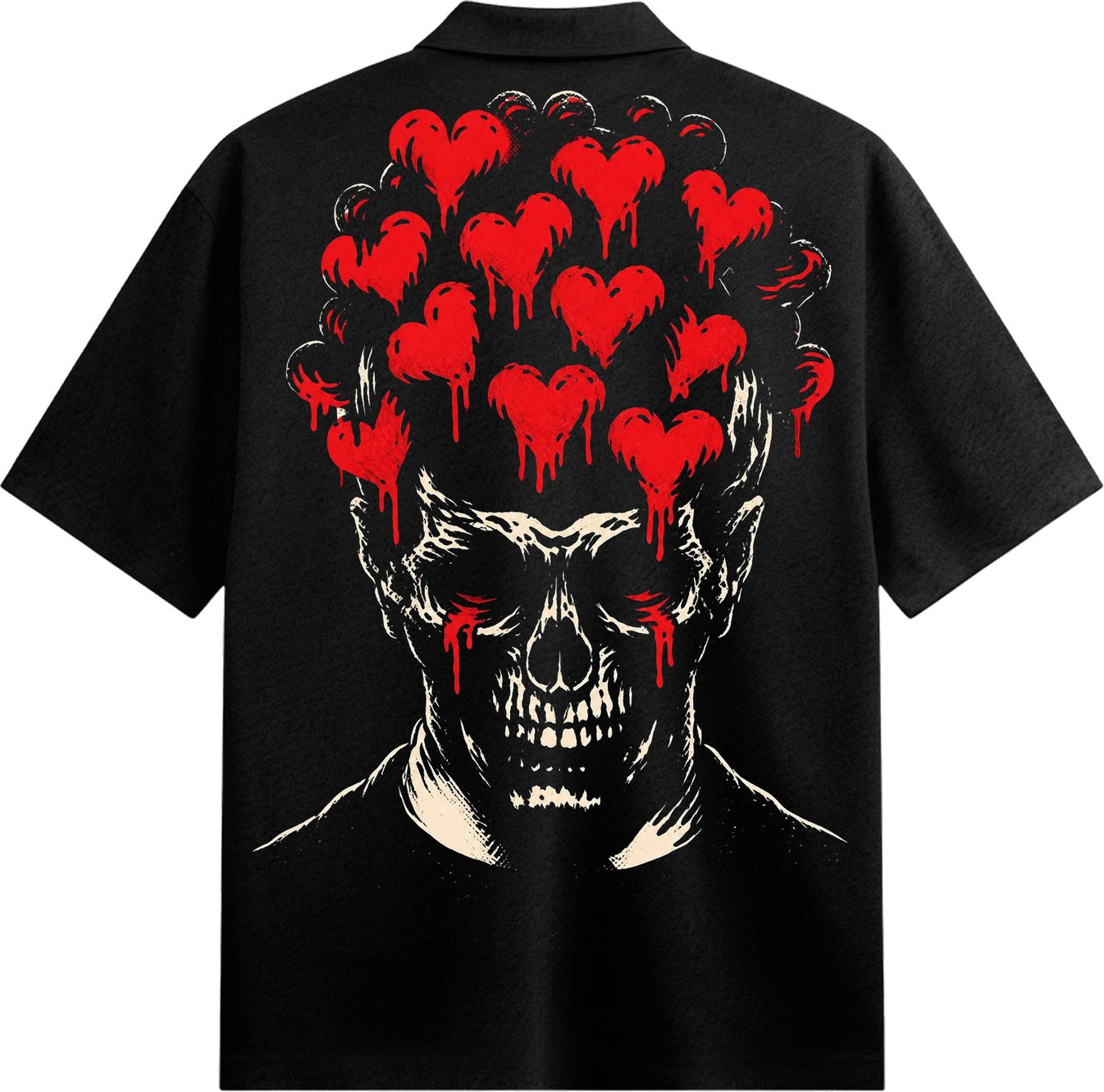 A black t-shirt featuring a detailed skull with red eyes and a cluster of dripping red hearts forming a crown on its head...