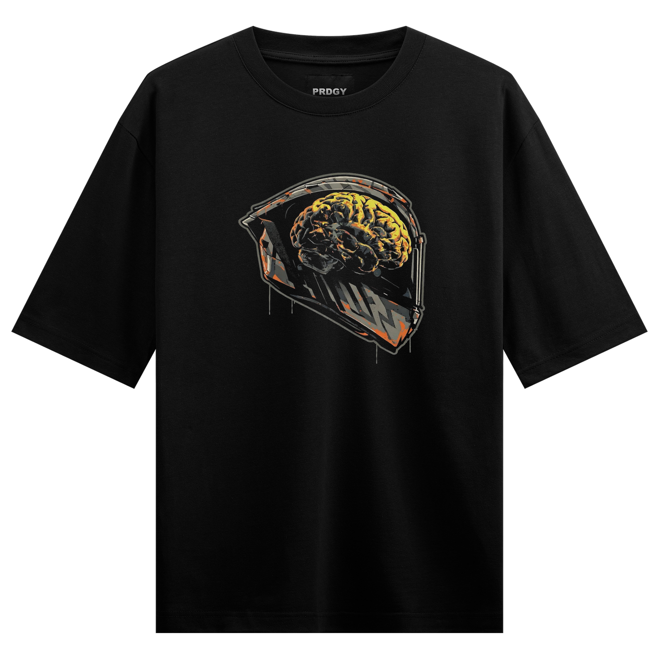 Moto Mindset Oversized T-Shirt by PRDGY — brain inside a motorcycle helmet graphic, streetwear design