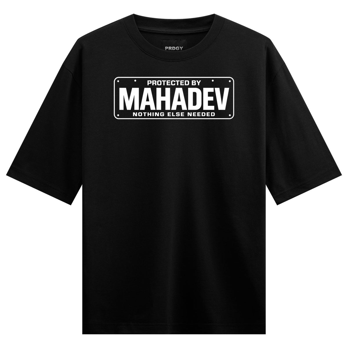 Mahadev License Oversized T-Shirt — Black T-shirt with white license plate graphic featuring bold uppercase text reading